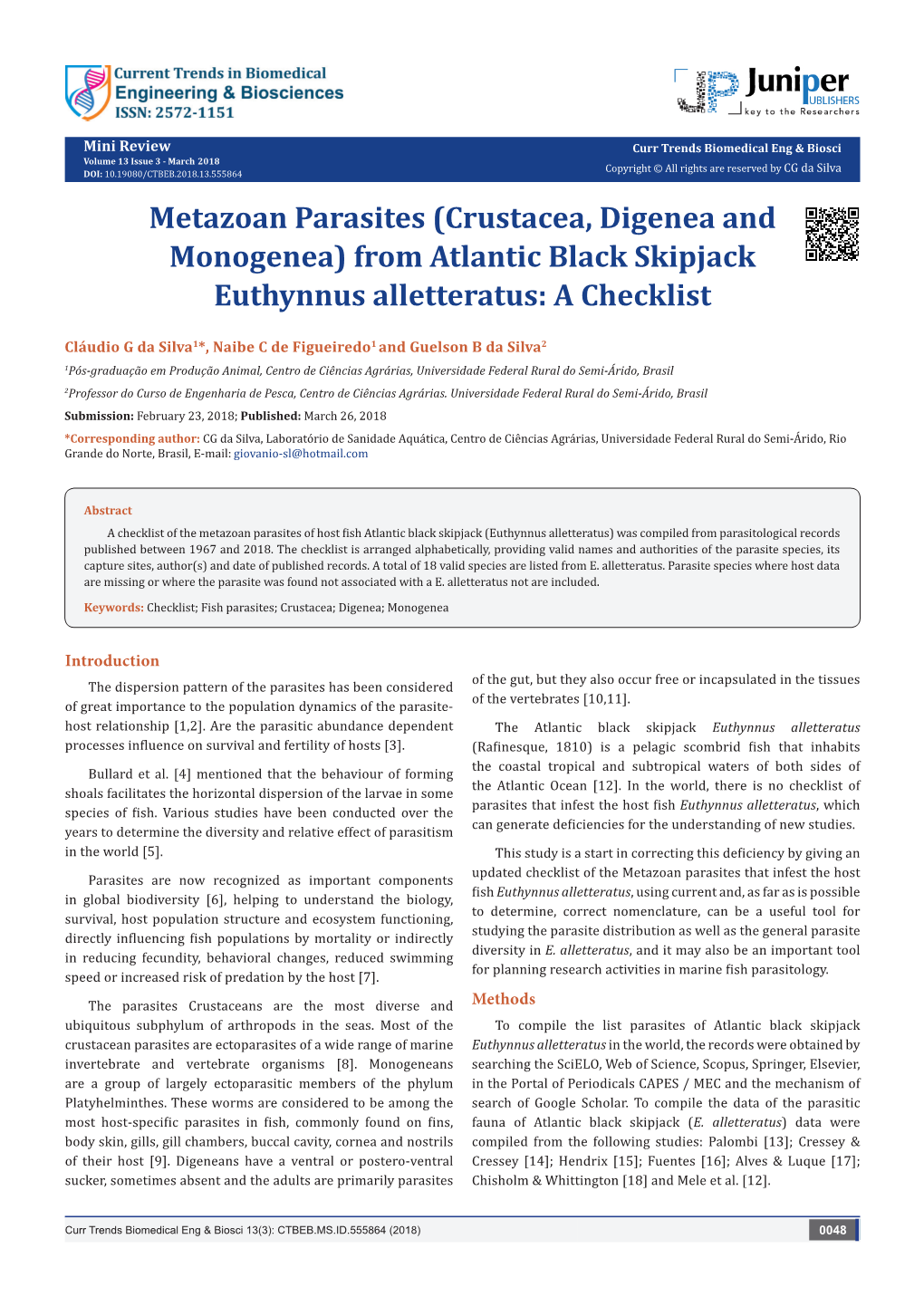 Metazoan Parasites (Crustacea, Digenea and Monogenea) from Atlantic Black Skipjack Euthynnus Alletteratus: a Checklist