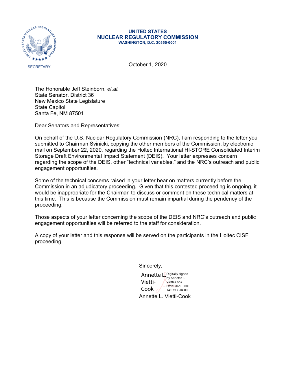 Letter from NRC Secretary Annette Vietti-Cook to the Honorable Jeff Steinborn, Et.Al