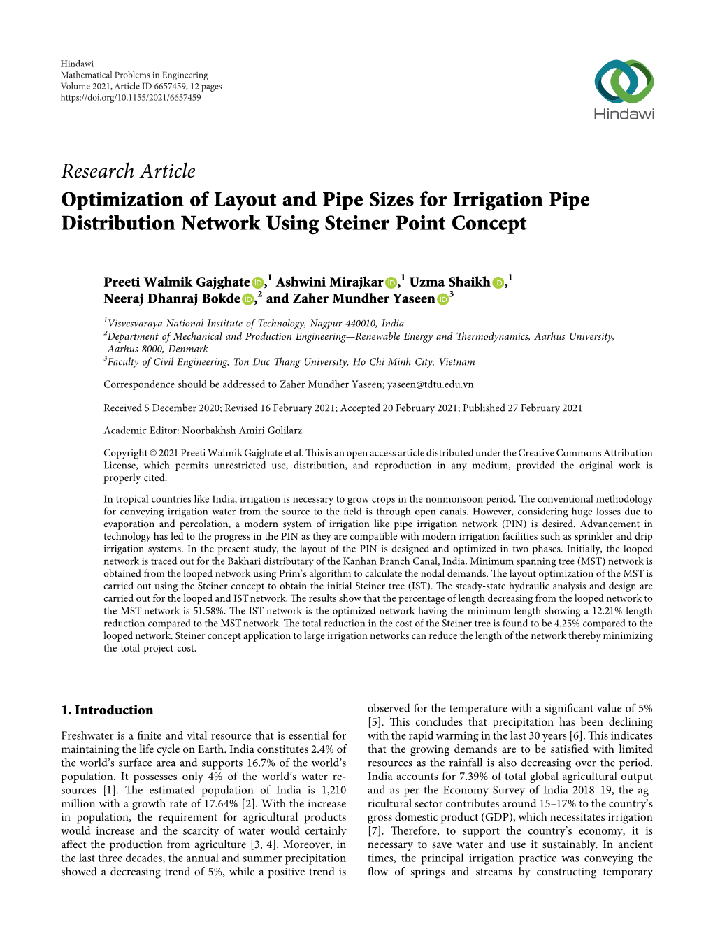 Optimization of Layout and Pipe Sizes for Irrigation Pipe Distribution Network Using Steiner Point Concept