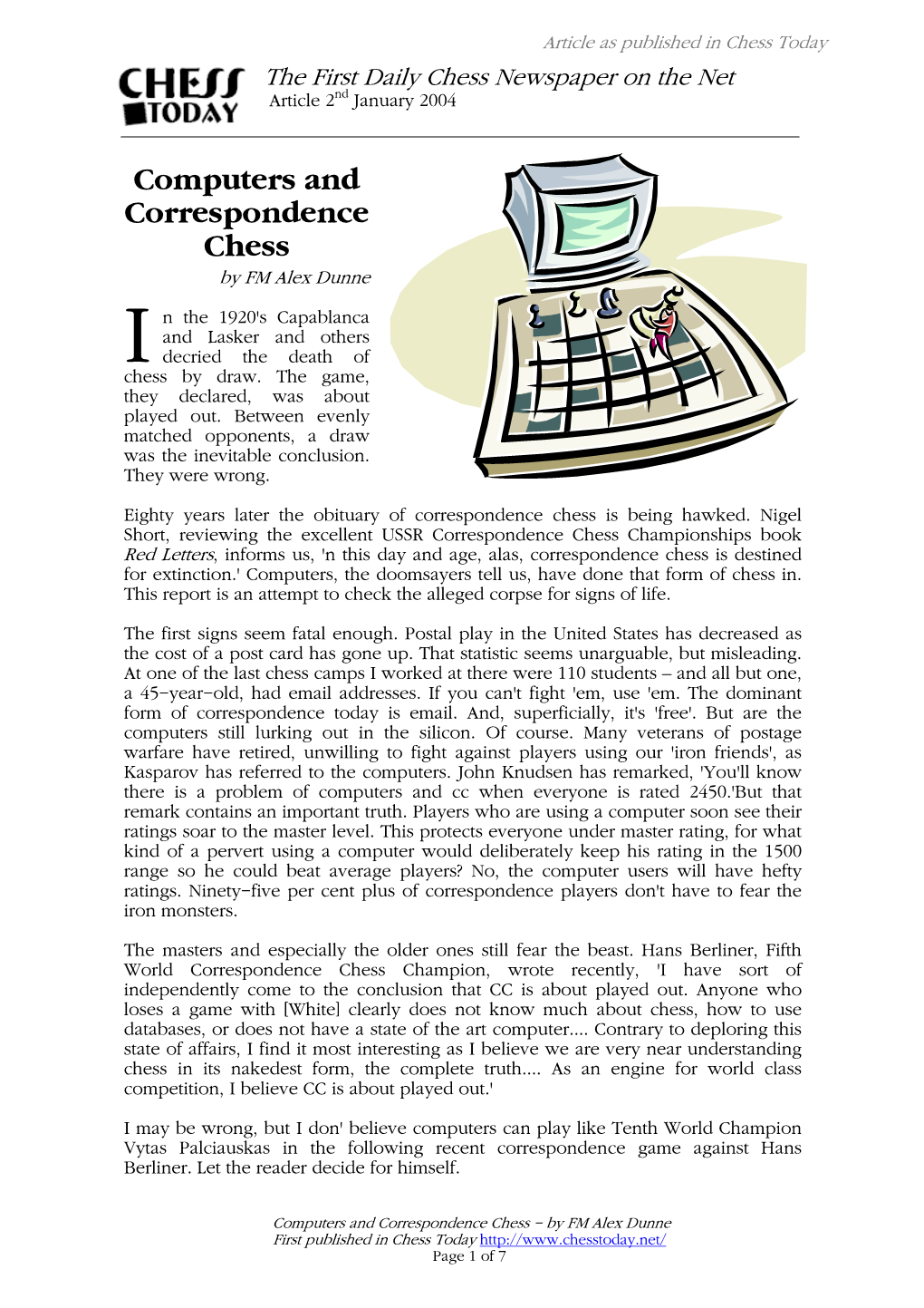 Computers and Correspondence Chess by FM Alex Dunne