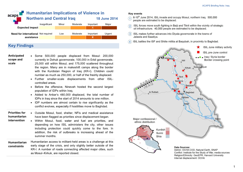 Humanitarian Implications of Violence in Northern and Central Iraq Key Findings