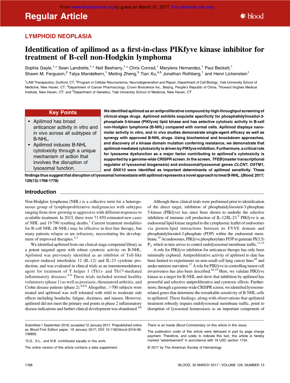 Identification of Apilimod As a First-In-Class Pikfyve Kinase Inhibitor for Treatment of B-Cell Non-Hodgkin Lymphoma