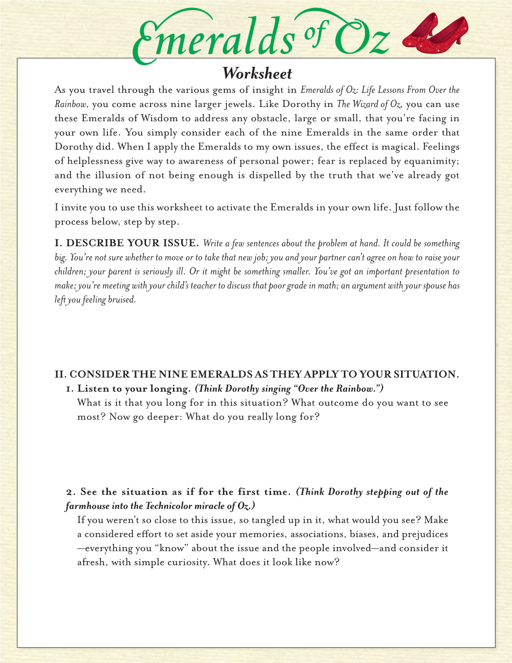 Worksheet As You Travel Through the Various Gems of Insight in Emeralds of Oz: Life Lessons from Over the Rainbow, You Come Across Nine Larger Jewels