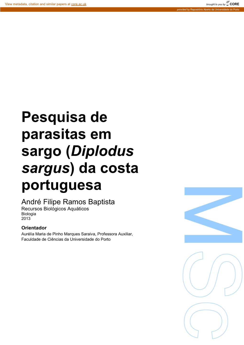Pesquisa De Parasitas Em Sargo (Diplodus Sargus) Da Costa Portuguesa