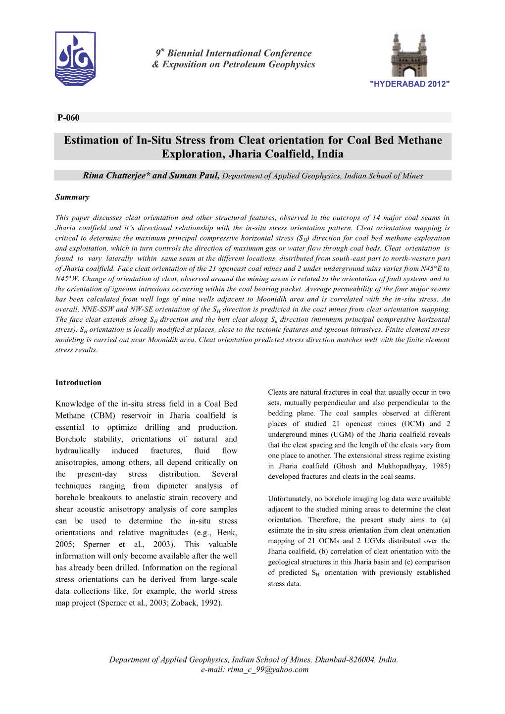 Estimation of In-Situ Stress from Cleat Orientation for Coal Bed Methane Exploration, Jharia Coalfield, India