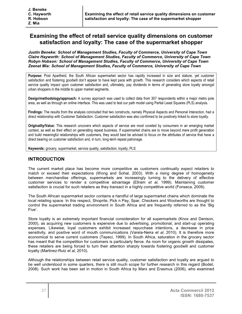 Examining the Effect of Retail Service Quality Dimensions on Customer R