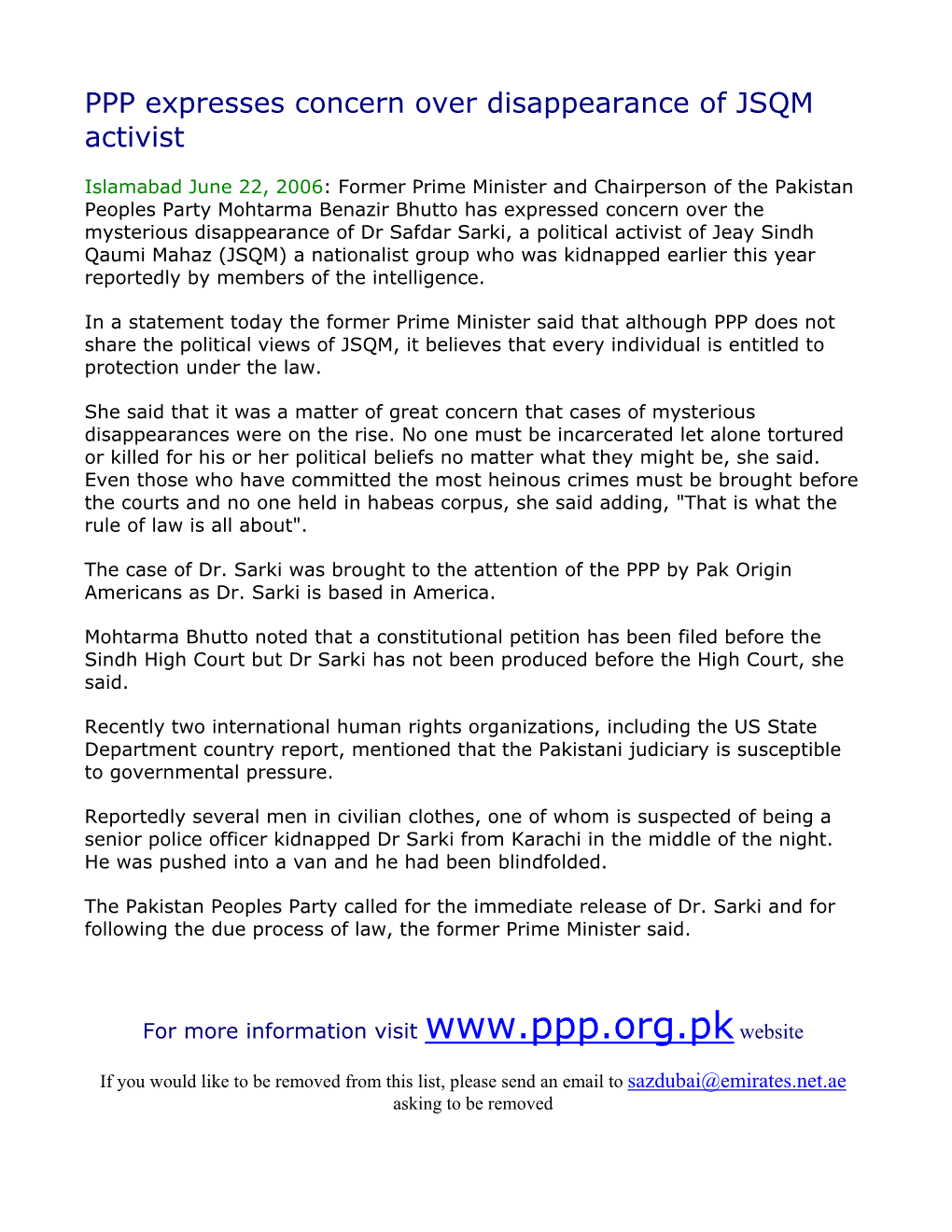 PPP Expresses Concern Over Disappearance of JSQM Activist