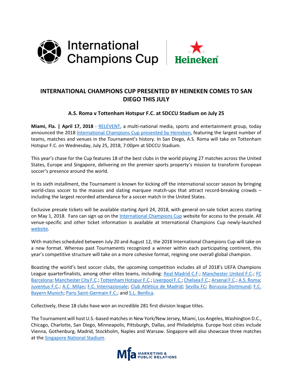 International Champions Cup Presented by Heineken Comes to San Diego This July