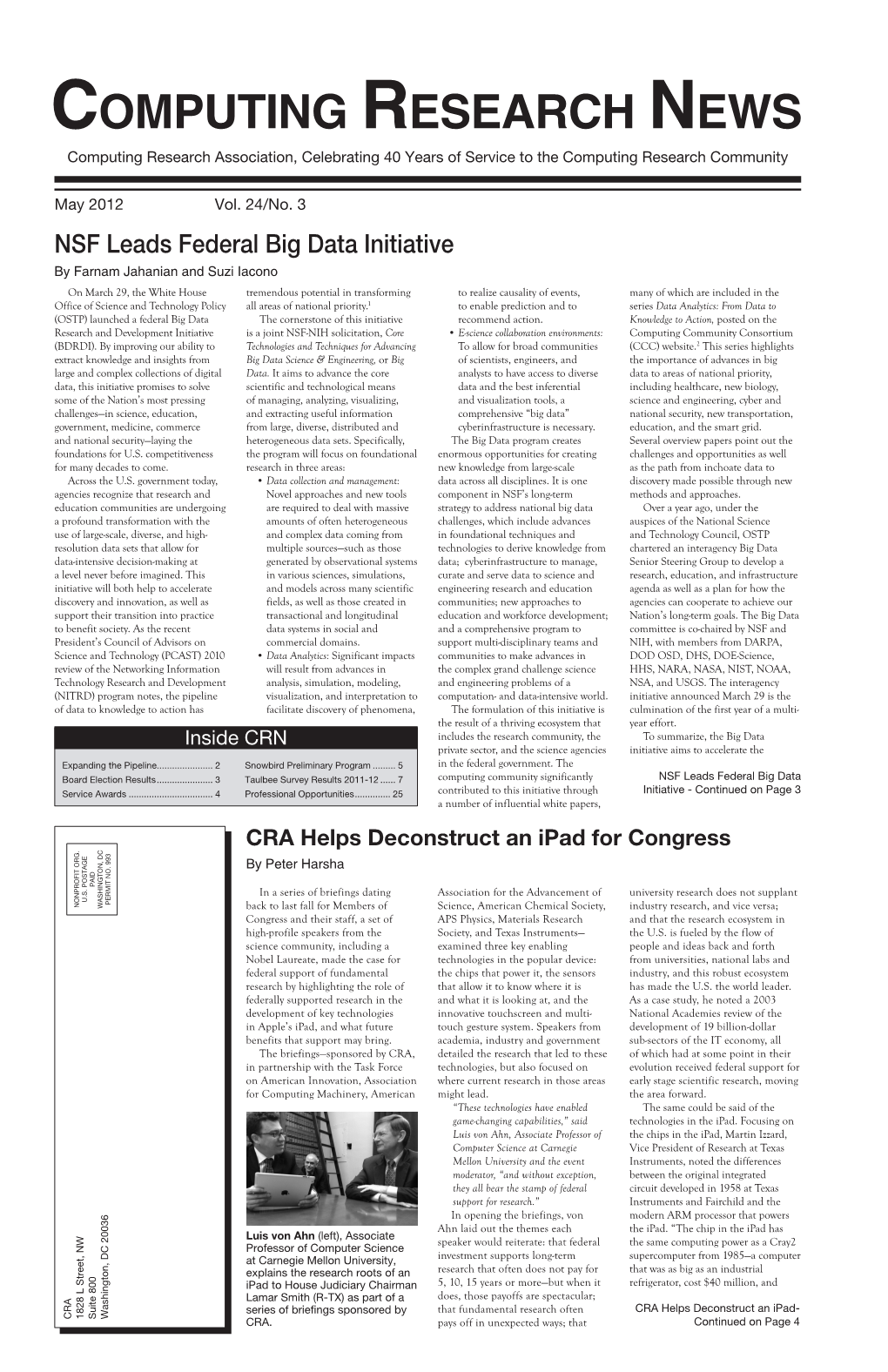 Computing Research News Computing Research Association, Celebrating 40 Years of Service to the Computing Research Community