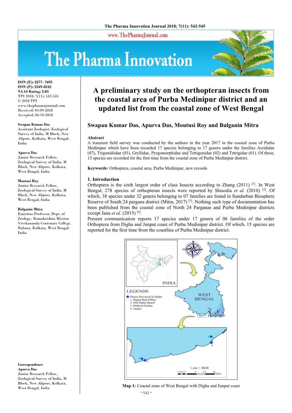 A Preliminary Study on the Orthopteran Insects from the Coastal Area of Purba Medinipur District and an Updated List from the Co
