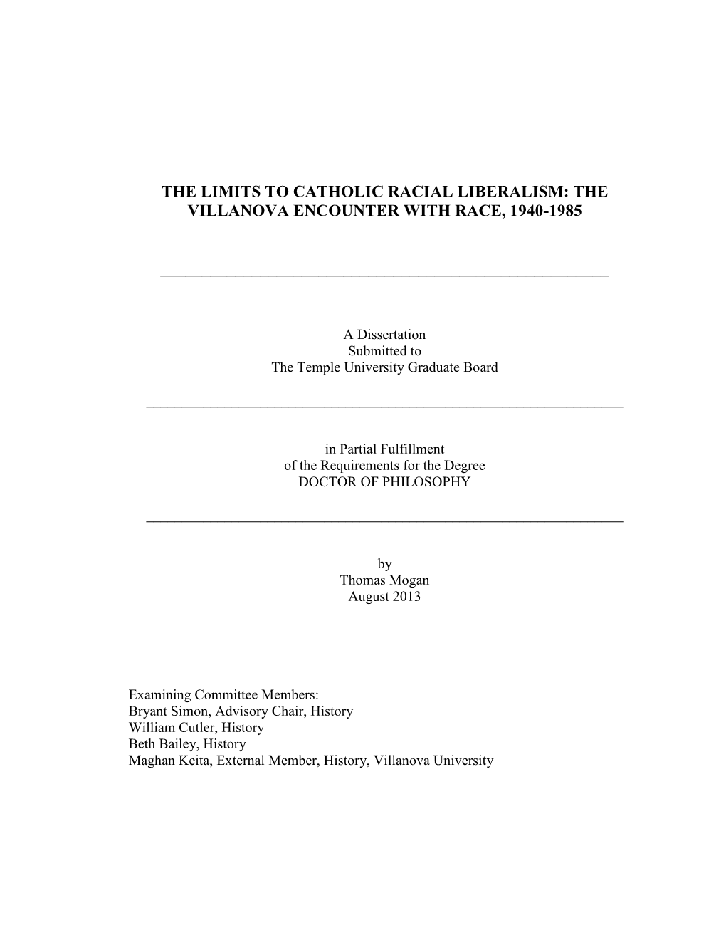 The Limits to Catholic Racial Liberalism: the Villanova Encounter with Race, 1940-1985