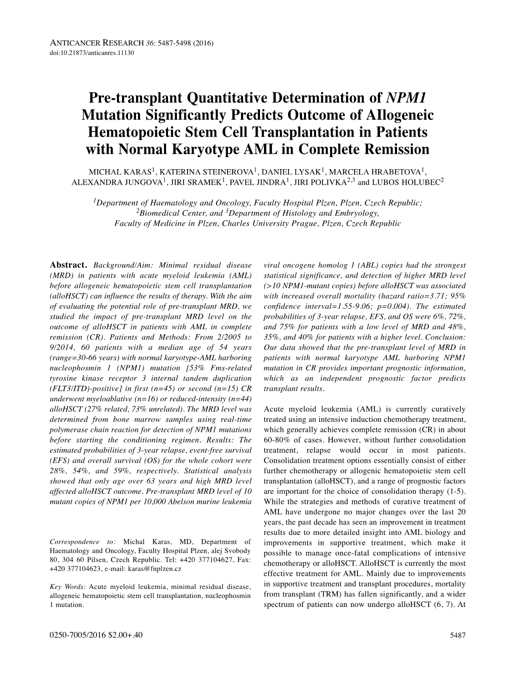 Pre-Transplant Quantitative Determination of NPM1 Mutation