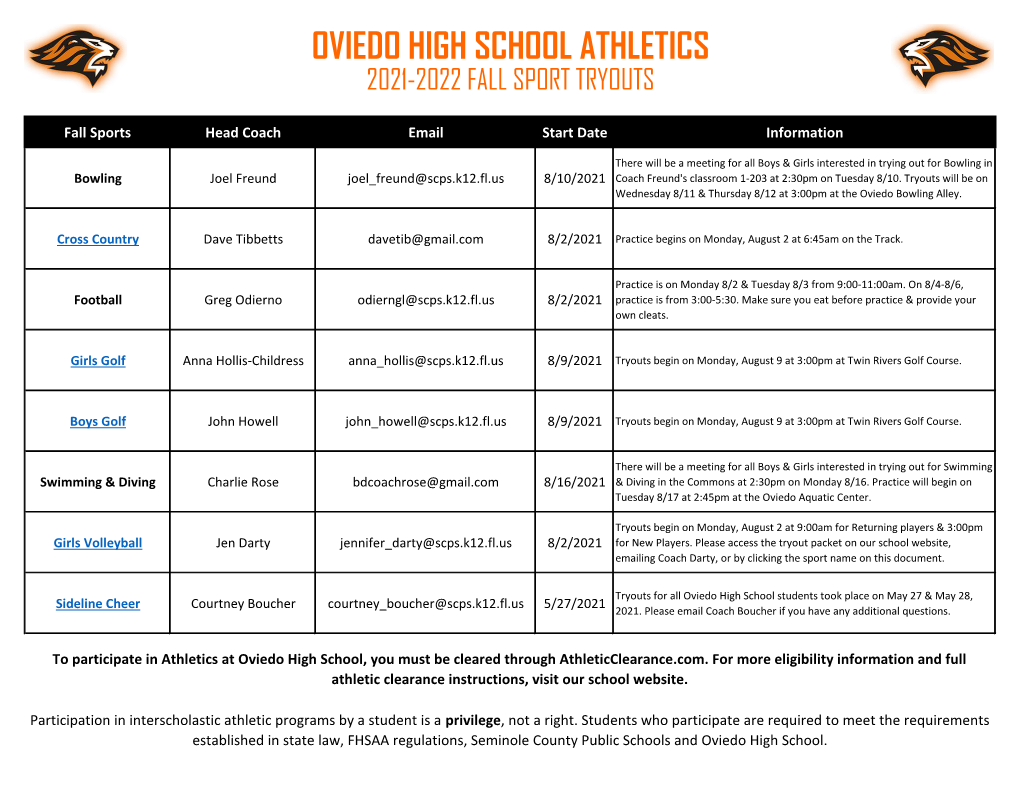 Oviedo High School Athletics 2021-2022 Fall Sport Tryouts