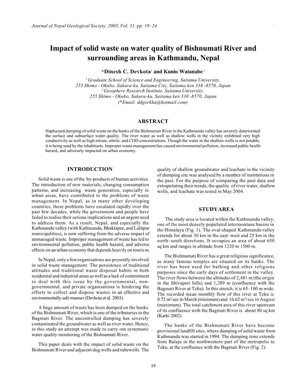 Impact of Solid Waste on Water Quality of Bishnumati River and Surrounding Areas in Kathmandu, Nepal