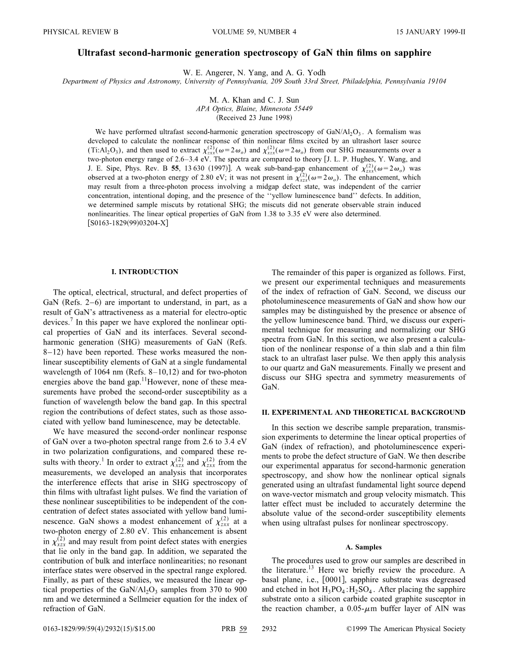 Ultrafast Second-Harmonic Generation Spectroscopy of Gan Thin Films On