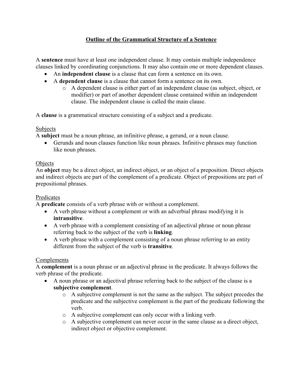 Outline of the Grammatical Structure of a Sentence