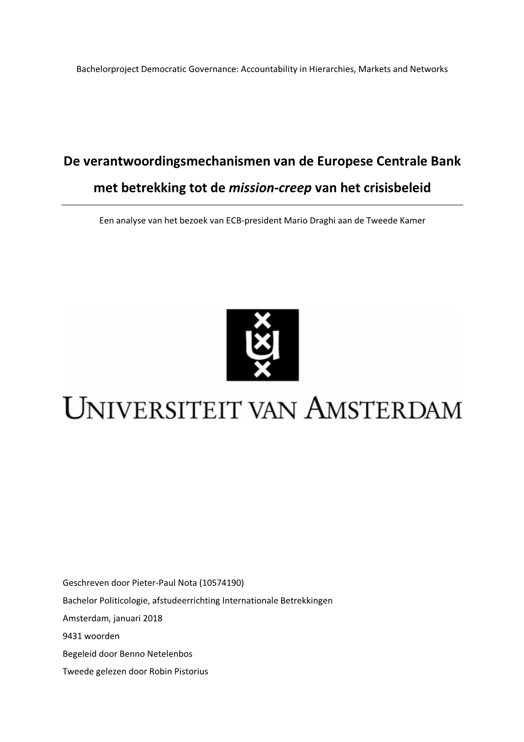 De Verantwoordingsmechanismen Van De Europese Centrale Bank Met Betrekking Tot De Mission-Creep Van Het Crisisbeleid