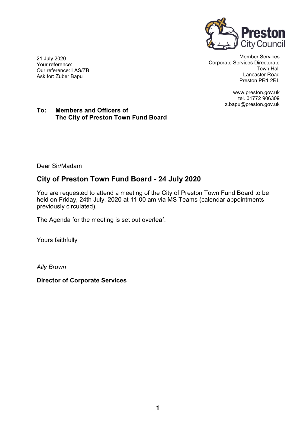 Agenda Document for City of Preston Town Fund Board, 24/07/2020 11:00