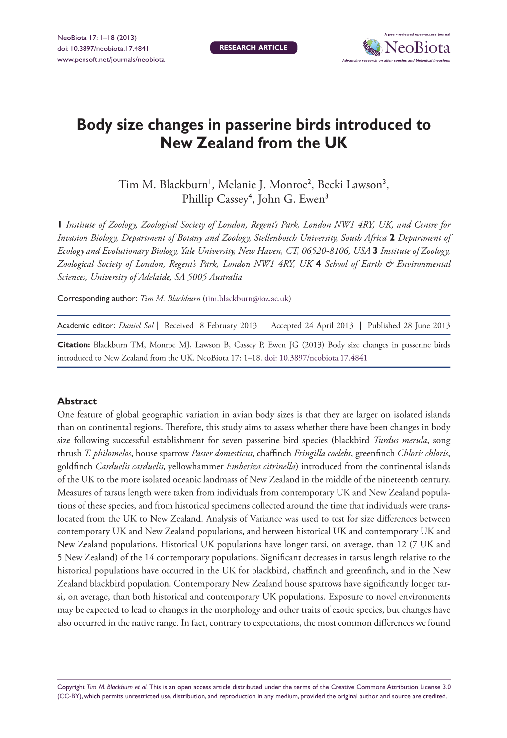 Body Size Changes in Passerine Birds Introduced to New Zealand from the UK