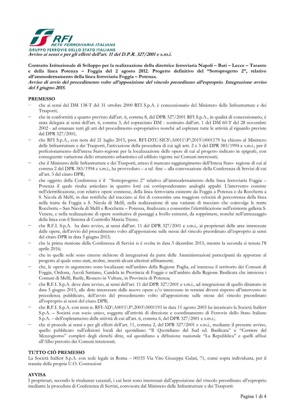 Avviso Ai Sensi E Per Gli Effetti Dell'art. 11 Del D.P.R. 327/2001 E