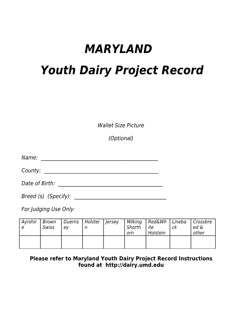 Youth Dairy Project Record