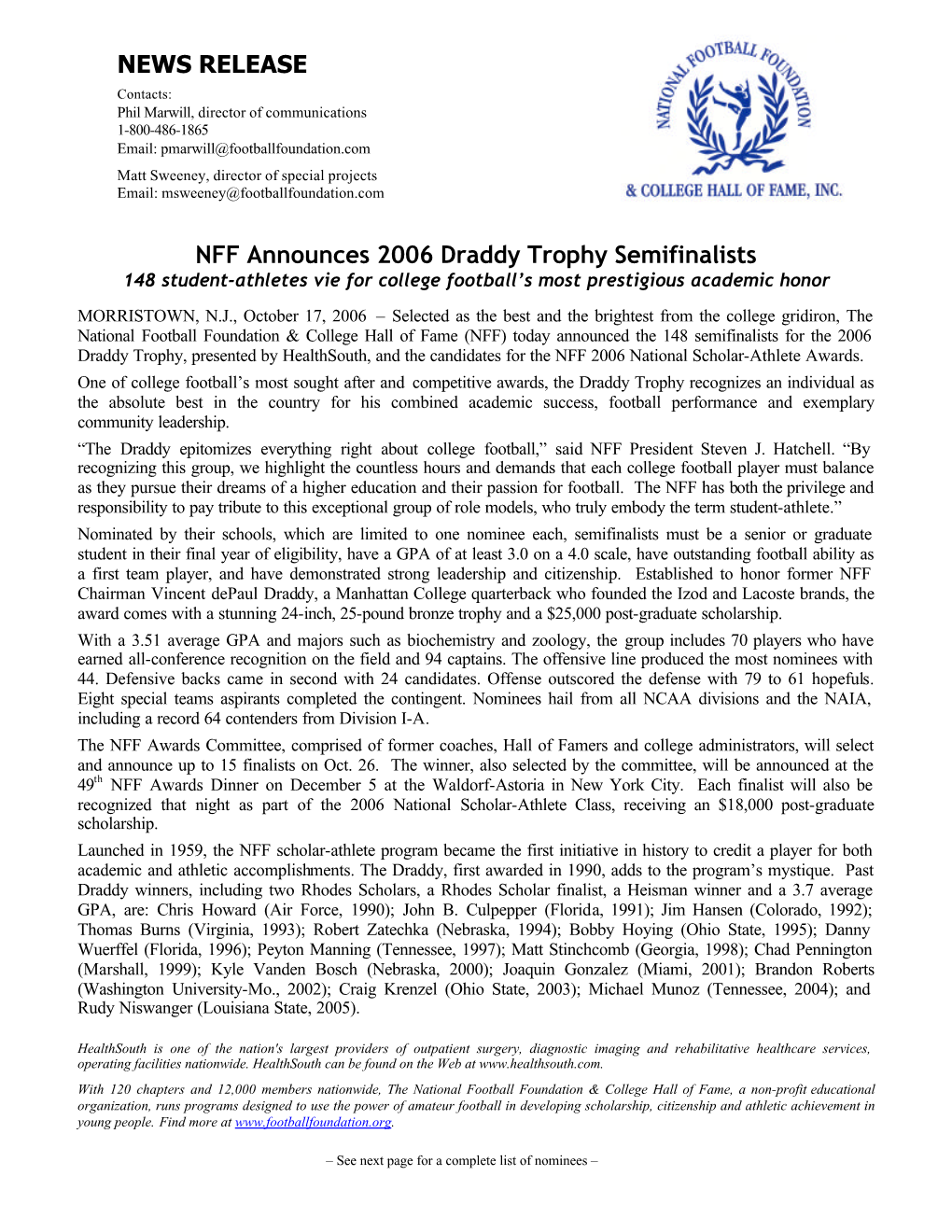 NFF Announces 2006 Draddy Trophy Semifinalists NEWS RELEASE