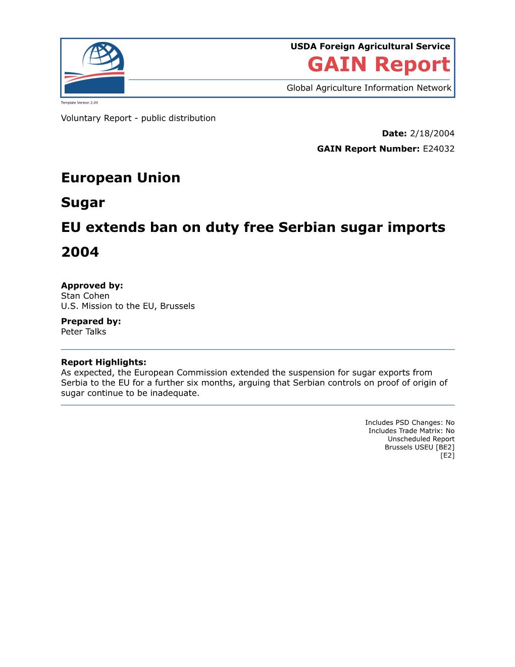 EU Extends Ban on Duty Free Serbian Sugar Imports