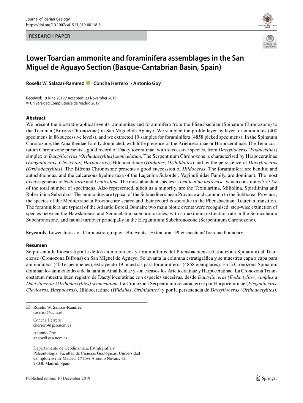 Lower Toarcian Ammonite and Foraminifera Assemblages in the San Miguel De Aguayo Section (Basque-Cantabrian Basin, Spain)