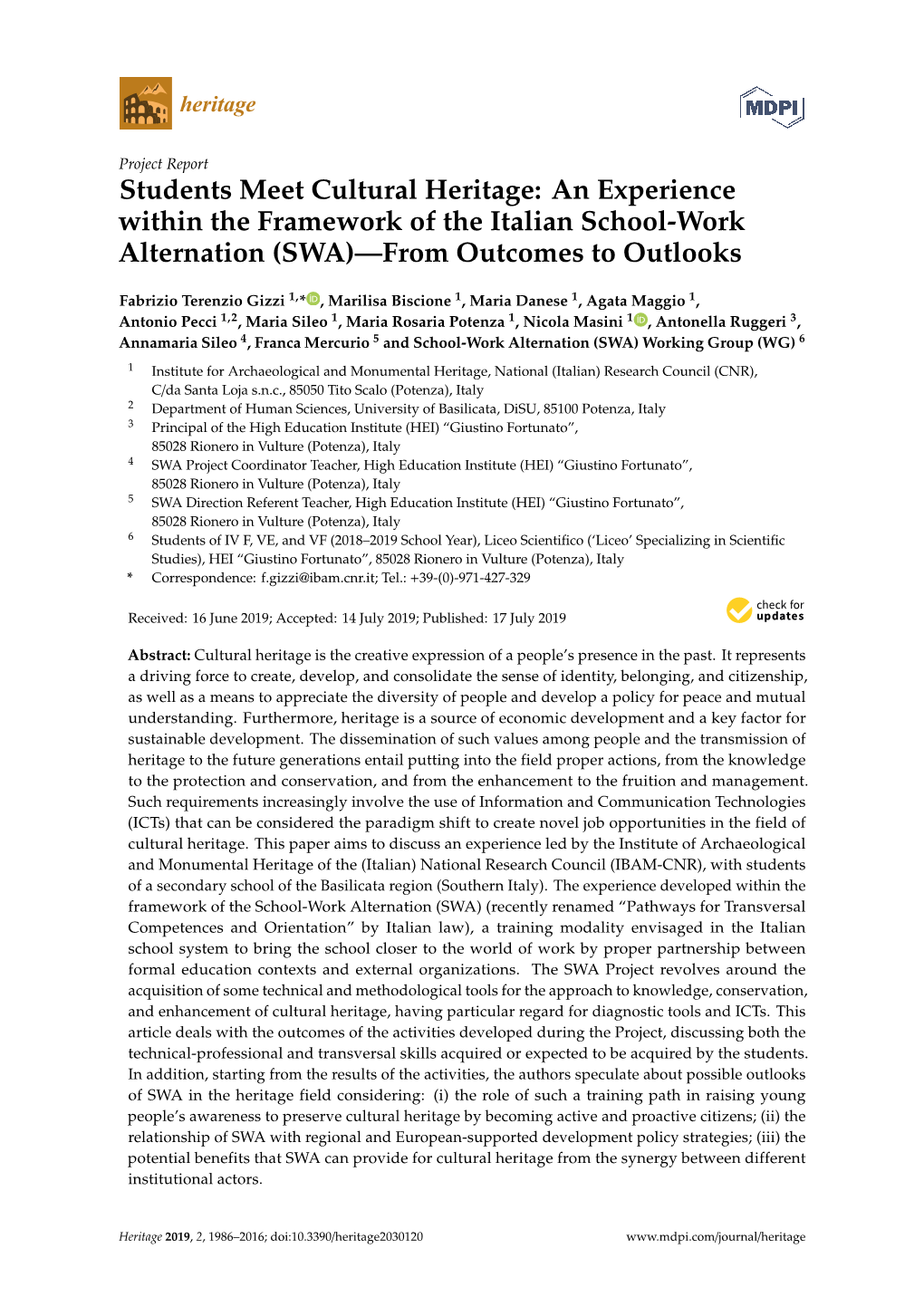 Students Meet Cultural Heritage: an Experience Within the Framework of the Italian School-Work Alternation (SWA)—From Outcomes to Outlooks