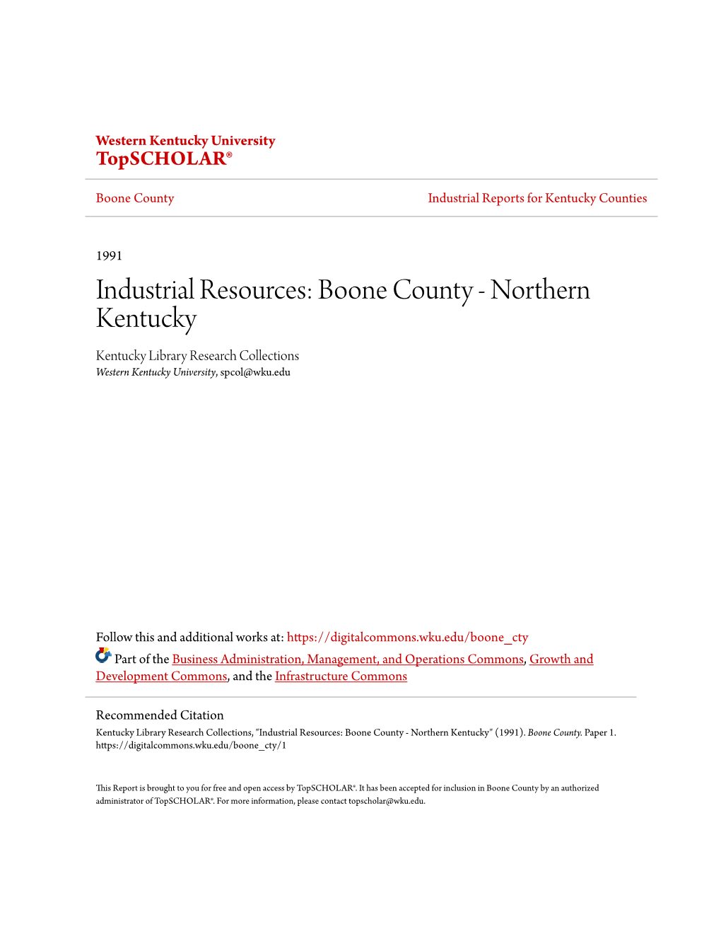 Industrial Resources: Boone County - Northern Kentucky Kentucky Library Research Collections Western Kentucky University, Spcol@Wku.Edu