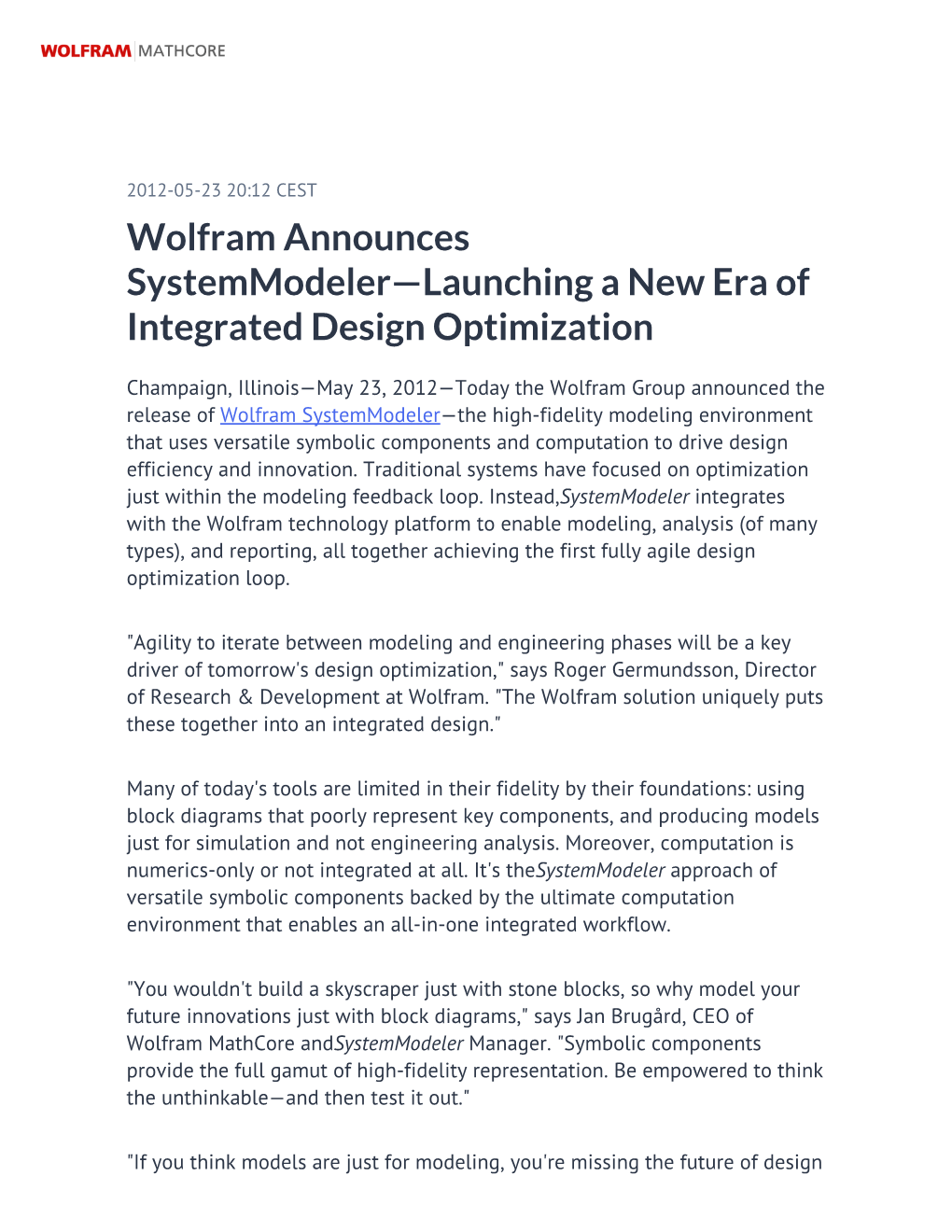 Wolfram Announces Systemmodeler—Launching a New Era of Integrated Design Optimization