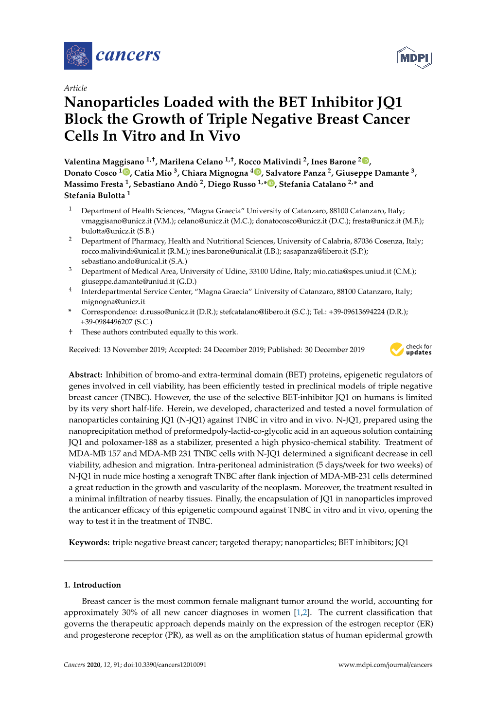 Nanoparticles Loaded with the BET Inhibitor JQ1 Block the Growth of Triple Negative Breast Cancer Cells in Vitro and in Vivo