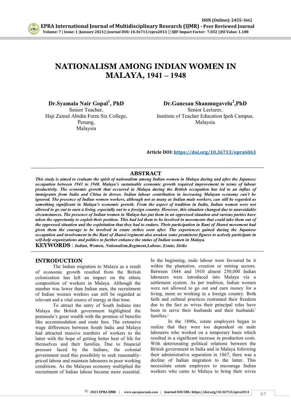 Nationalism Among Indian Women in Malaya, 1941 – 1948