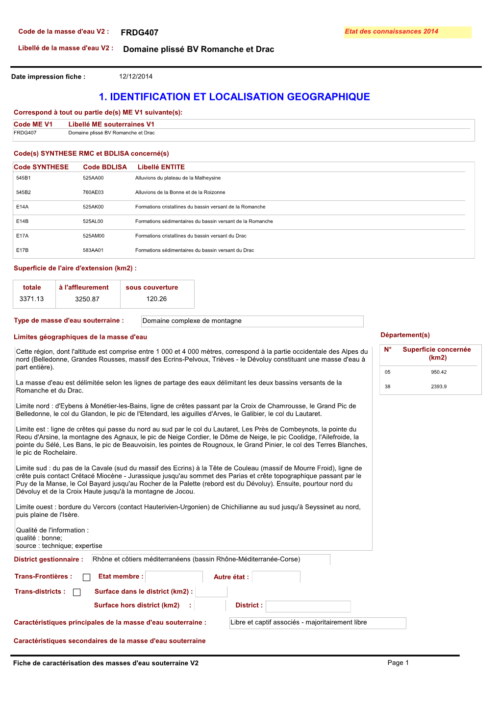 FRDG407 Etat Des Connaissances 2014 Libellé De La Masse D'eau V2 : Domaine Plissé BV Romanche Et Drac