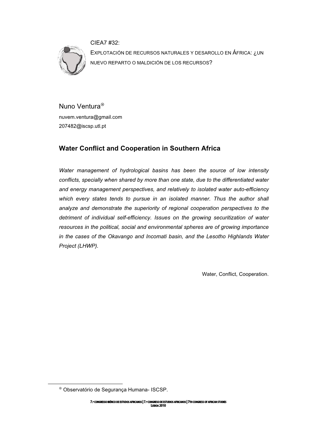 Nuno Ventura Water Conflict and Cooperation in Southern Africa