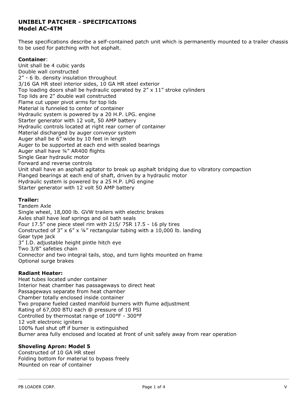 Truck Mounted Loader - Specifications