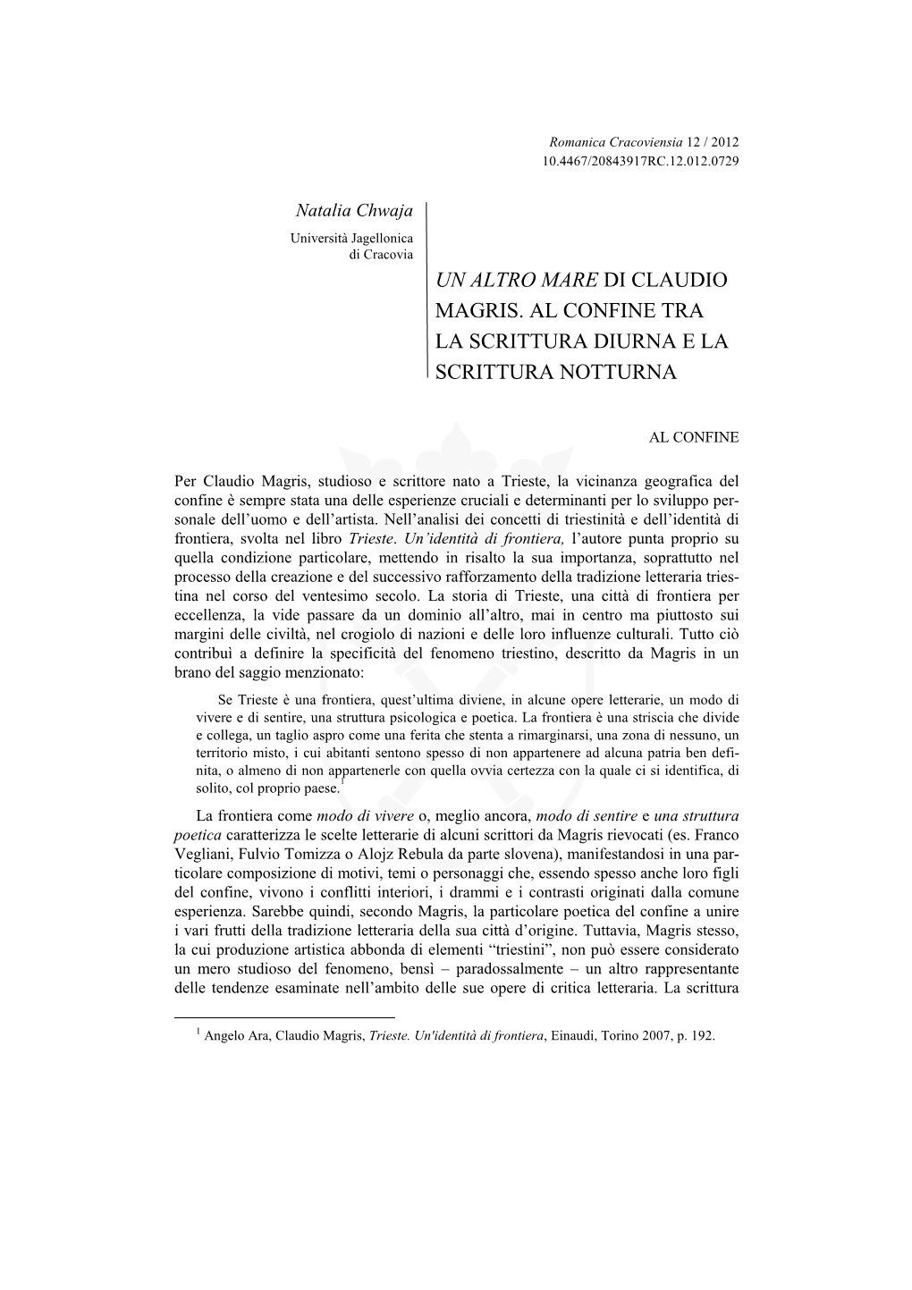 Un Altro Mare Di Claudio Magris. Al Confine Tra La Scrittura Diurna E La Scrittura Notturna