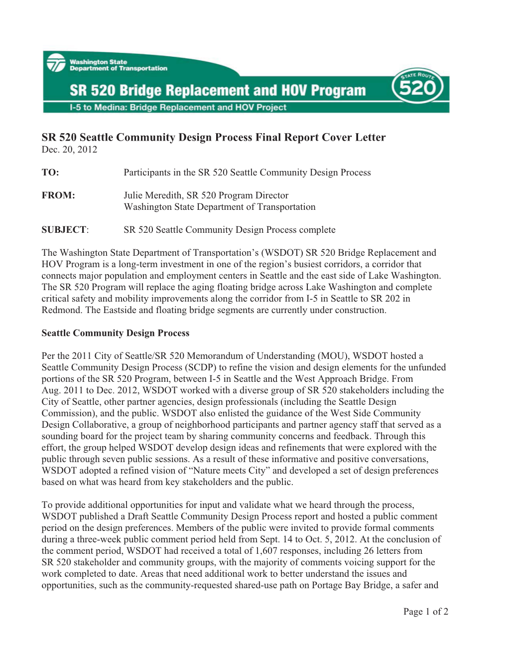 SR 520 Bridge Replacement and HOV Program Seattle Community