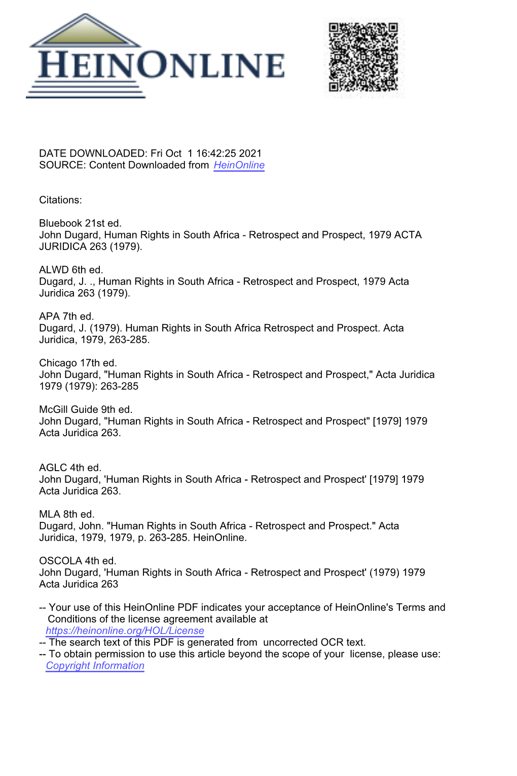 Human Rights in South Africa - Retrospect and Prospect, 1979 ACTA JURIDICA 263 (1979)