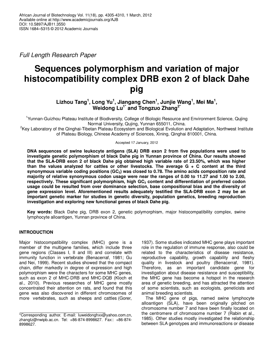 Sequences Polymorphism and Variation of Major Histocompatibility Complex DRB Exon 2 of Black Dahe Pig