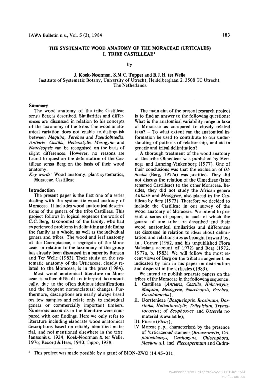 The Systematic Wood Anatomy of the Moraceae (Urticales) I. Tribe Castilleae 1