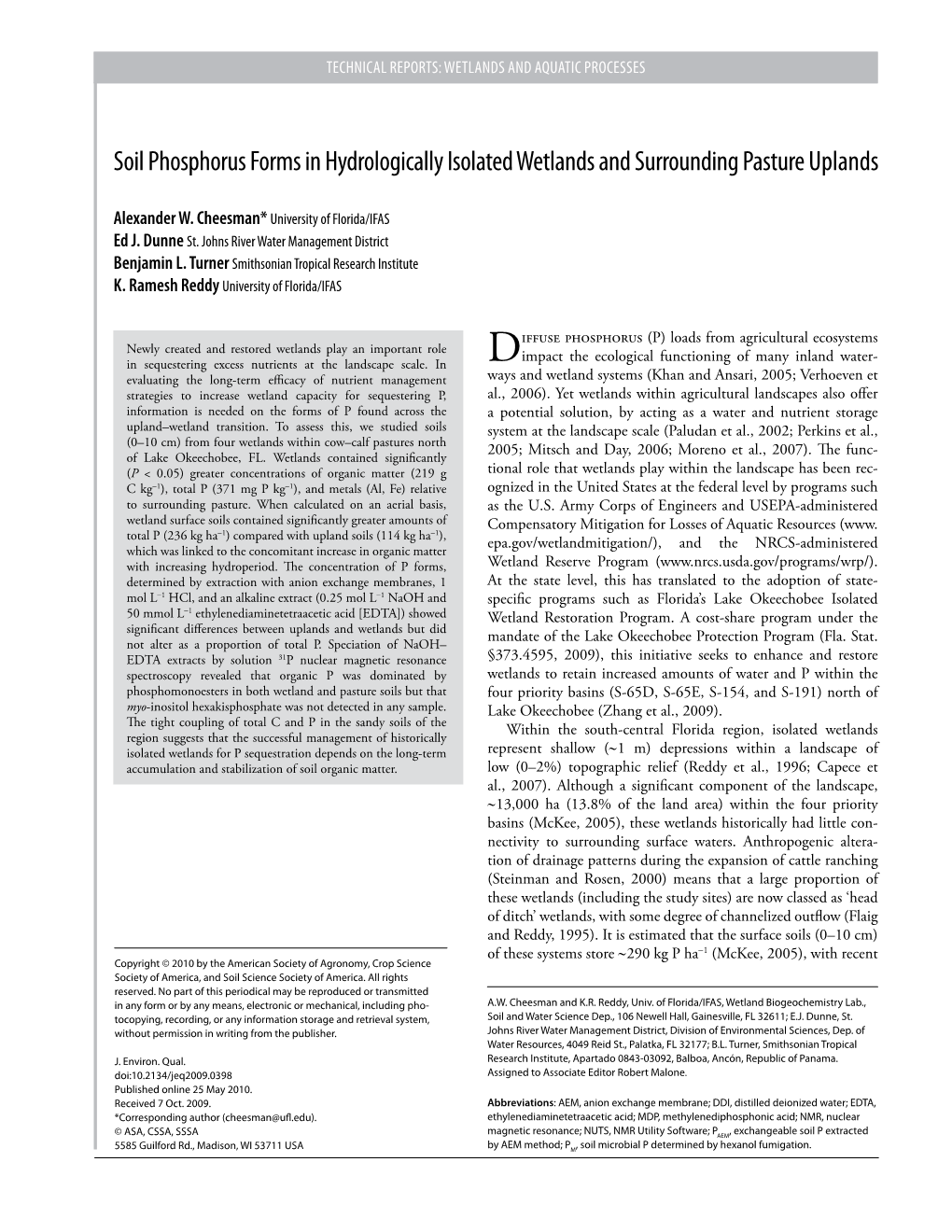 Soil Phosphorus Forms in Hydrologically Isolated Wetlands and Surrounding Pasture Uplands