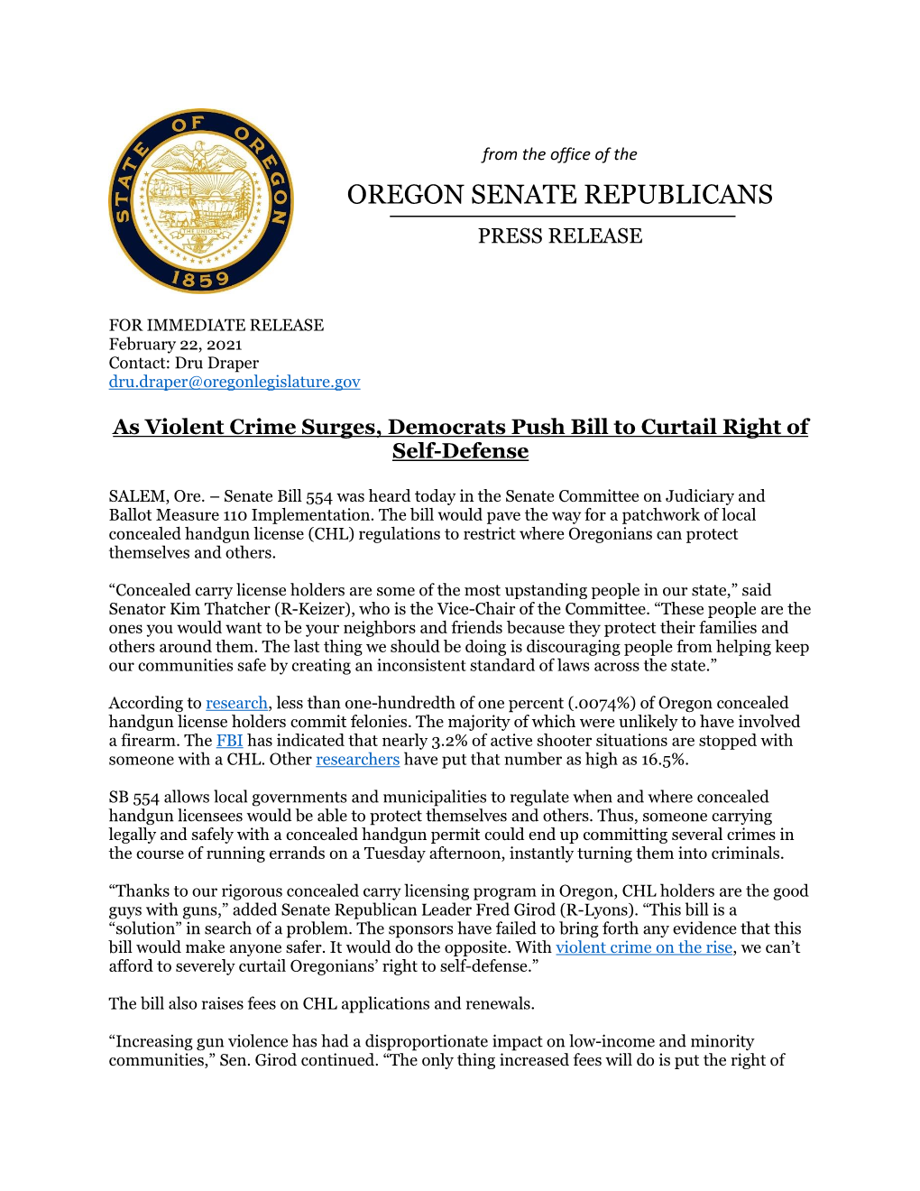 Oregon Senate Republicans Press Release