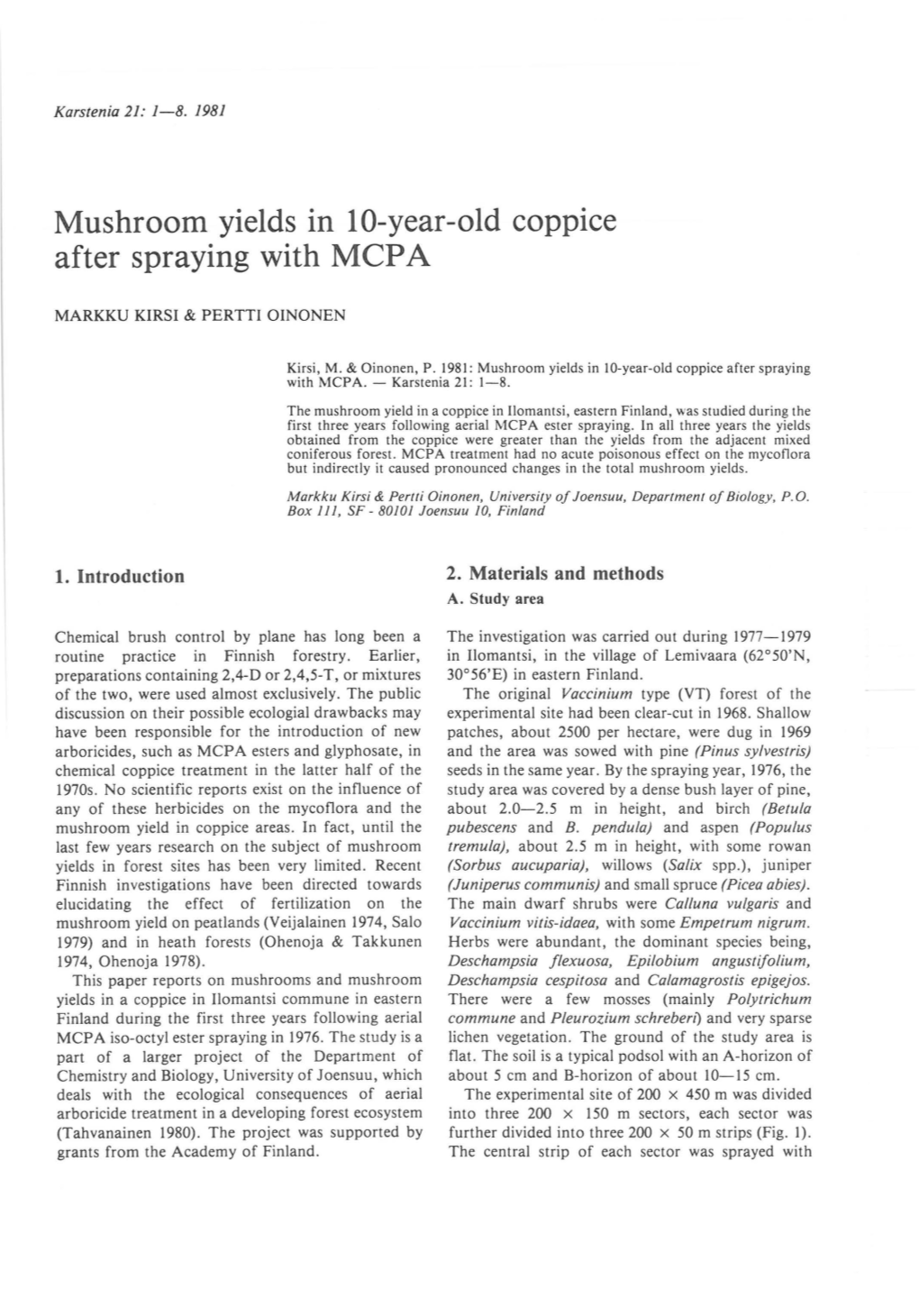 Mushroom Yields in 10-Year-Old Coppice After Spraying with MCP A