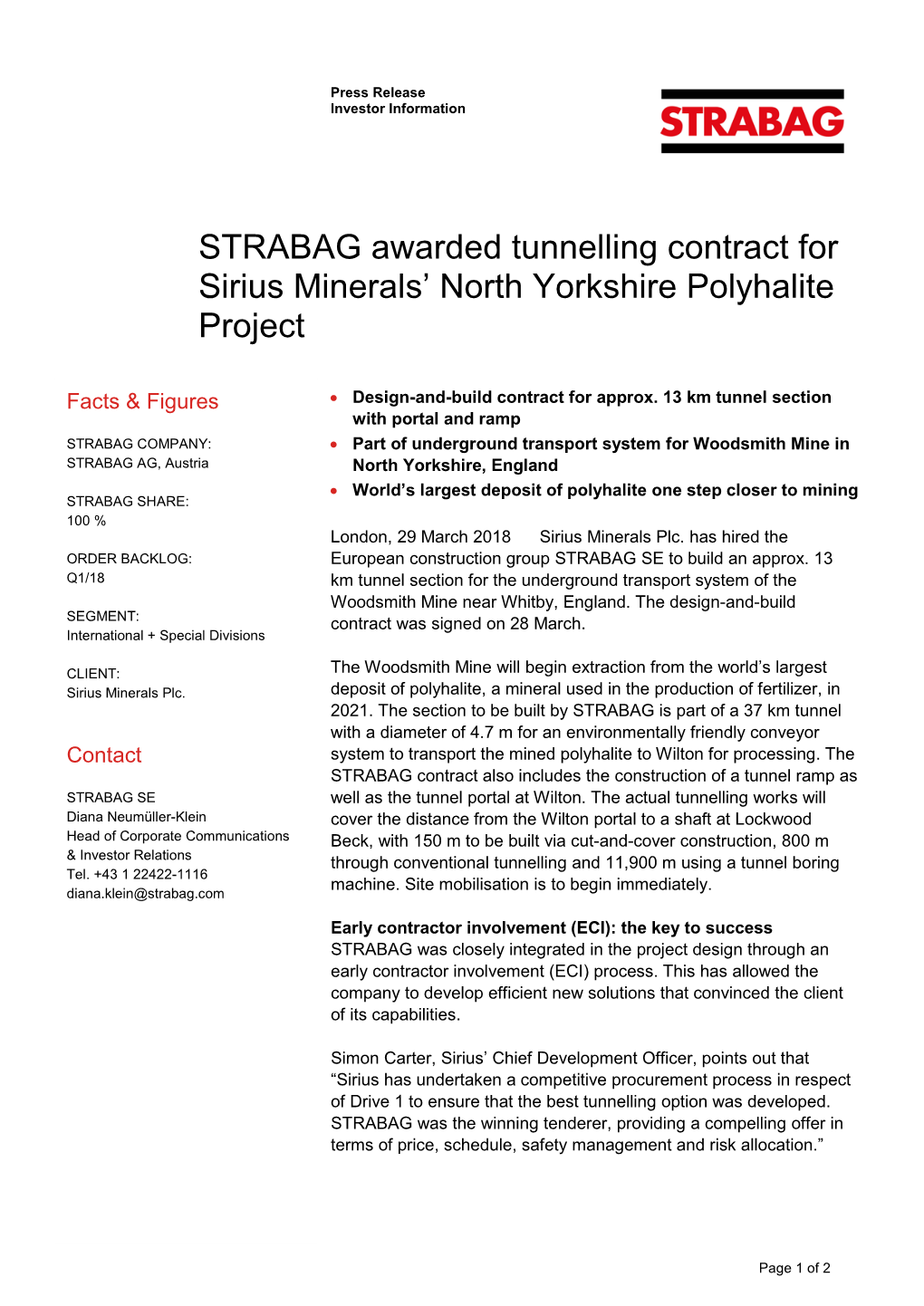 STRABAG Awarded Tunnelling Contract for Sirius Minerals' North