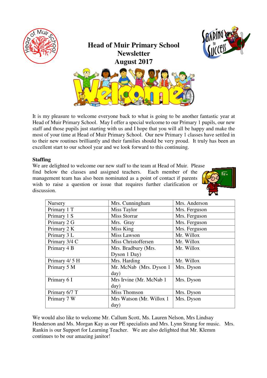 Head of Muir Primary School Newsletter August 2017