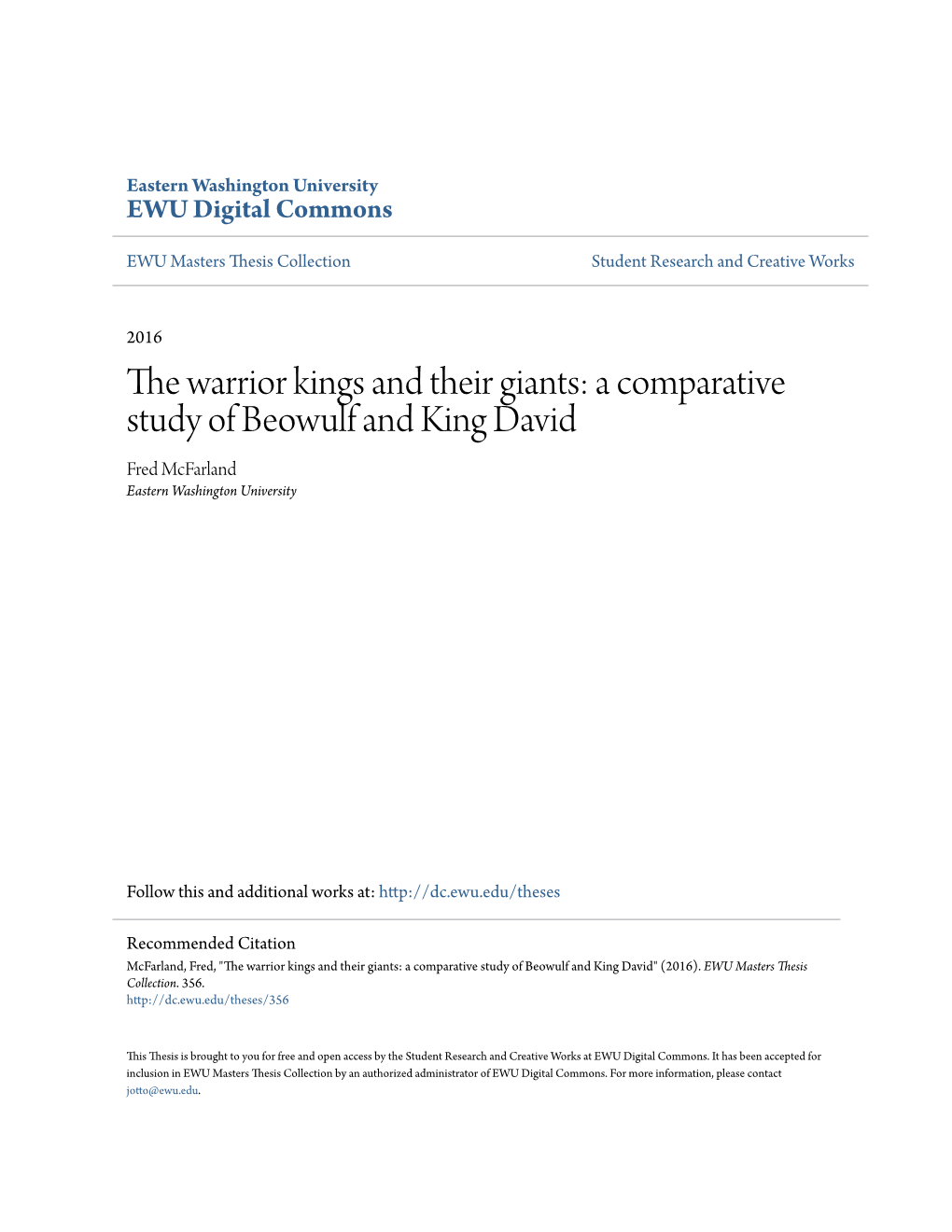 A Comparative Study of Beowulf and King David Fred Mcfarland Eastern Washington University