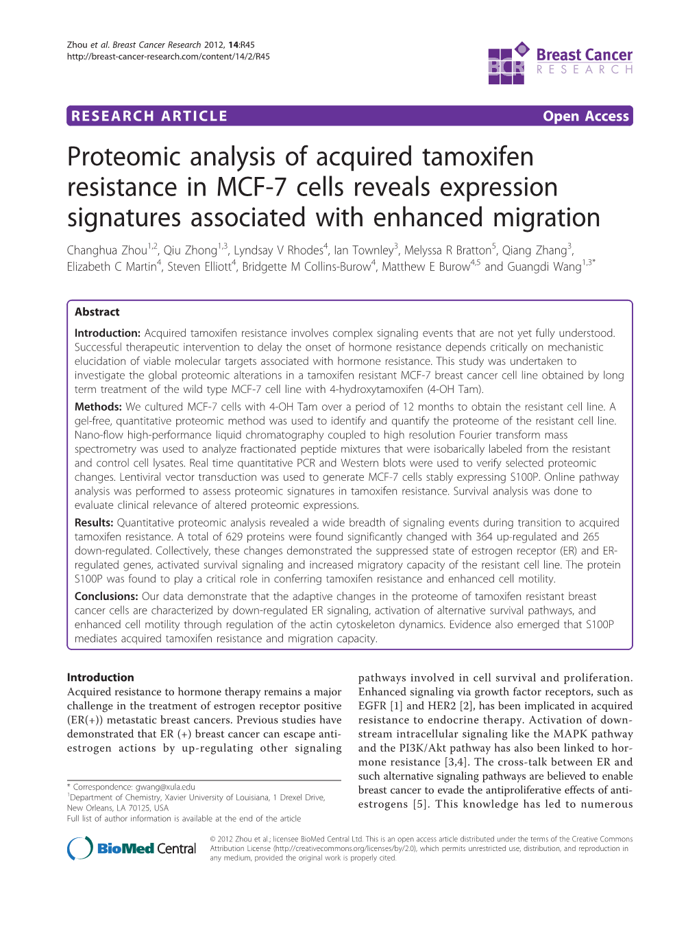 Proteomic Analysis of Acquired Tamoxifen Resistance in MCF-7 Cells