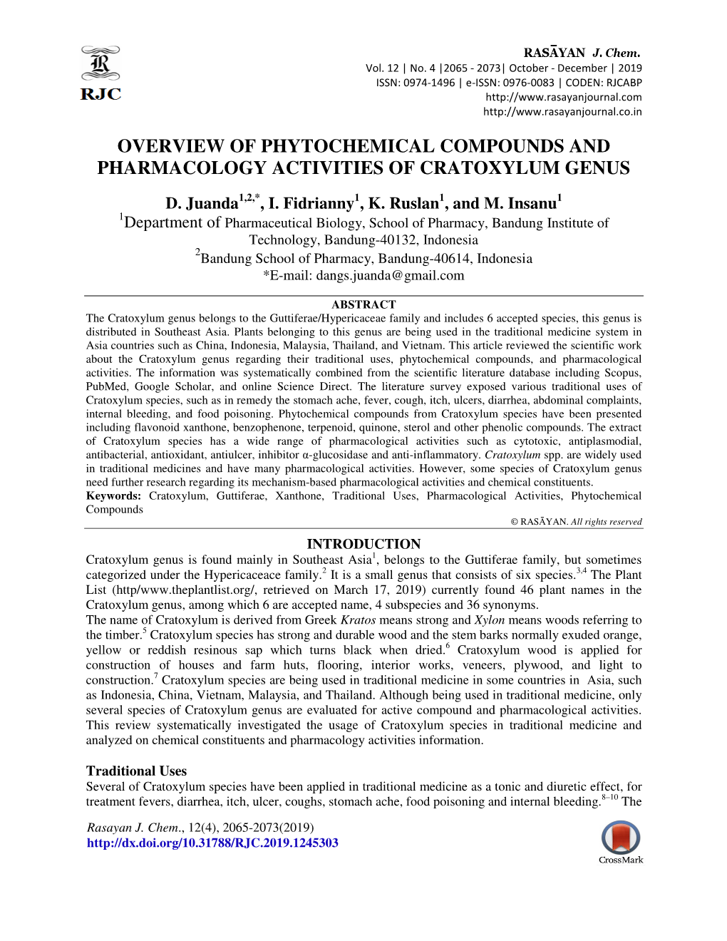 Overview of Phytochemical Compounds and Pharmacology Activities of Cratoxylum Genus