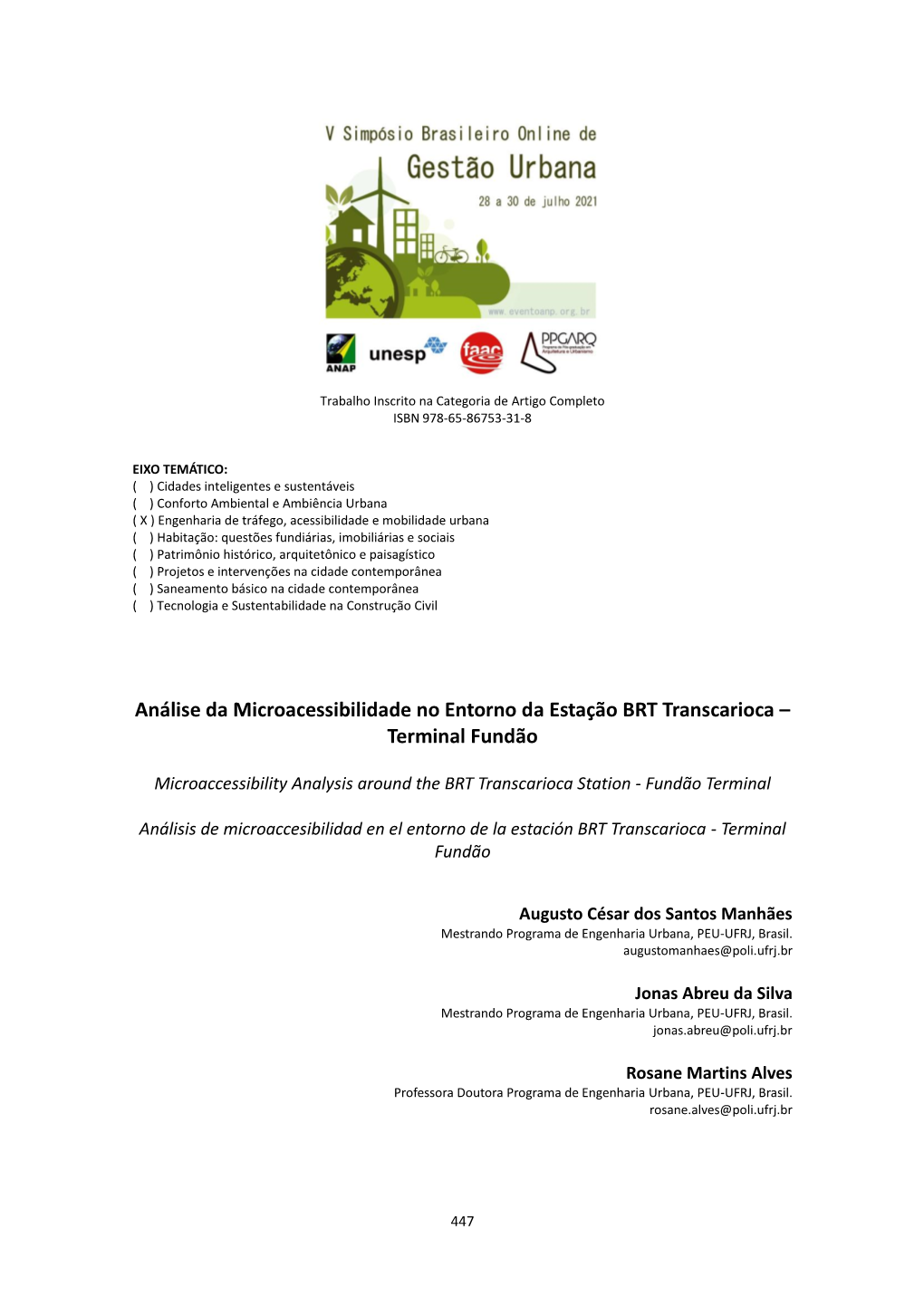 Análise Da Microacessibilidade No Entorno Da Estação BRT Transcarioca – Terminal Fundão